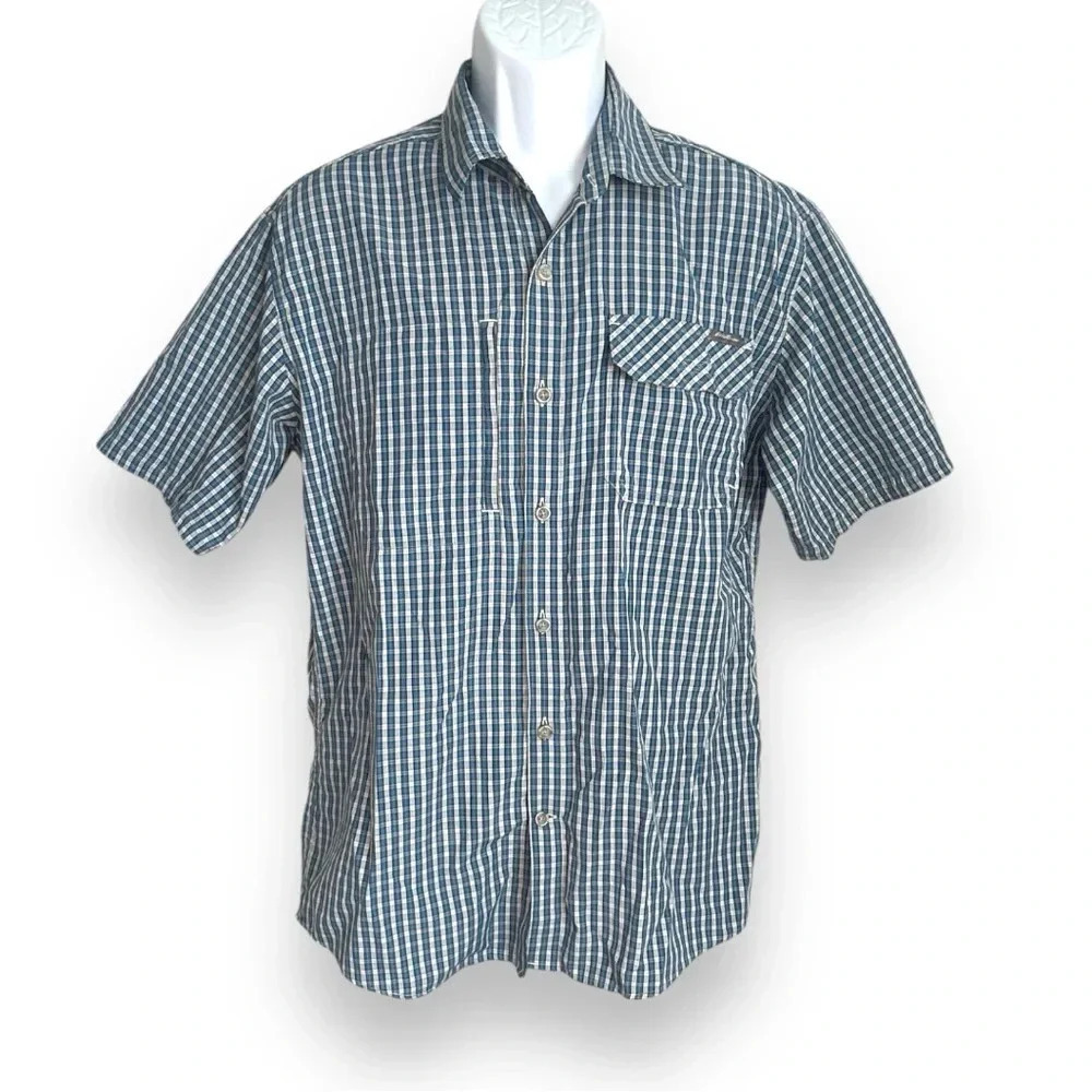 Eddie Bauer Plaid Button Down Shirt Blue Hiking Outdoor Short Sleeve Ventilated